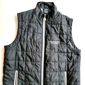 Men Large JMA University Professor Black Puffer Quilted Vest Jacket Full Zip